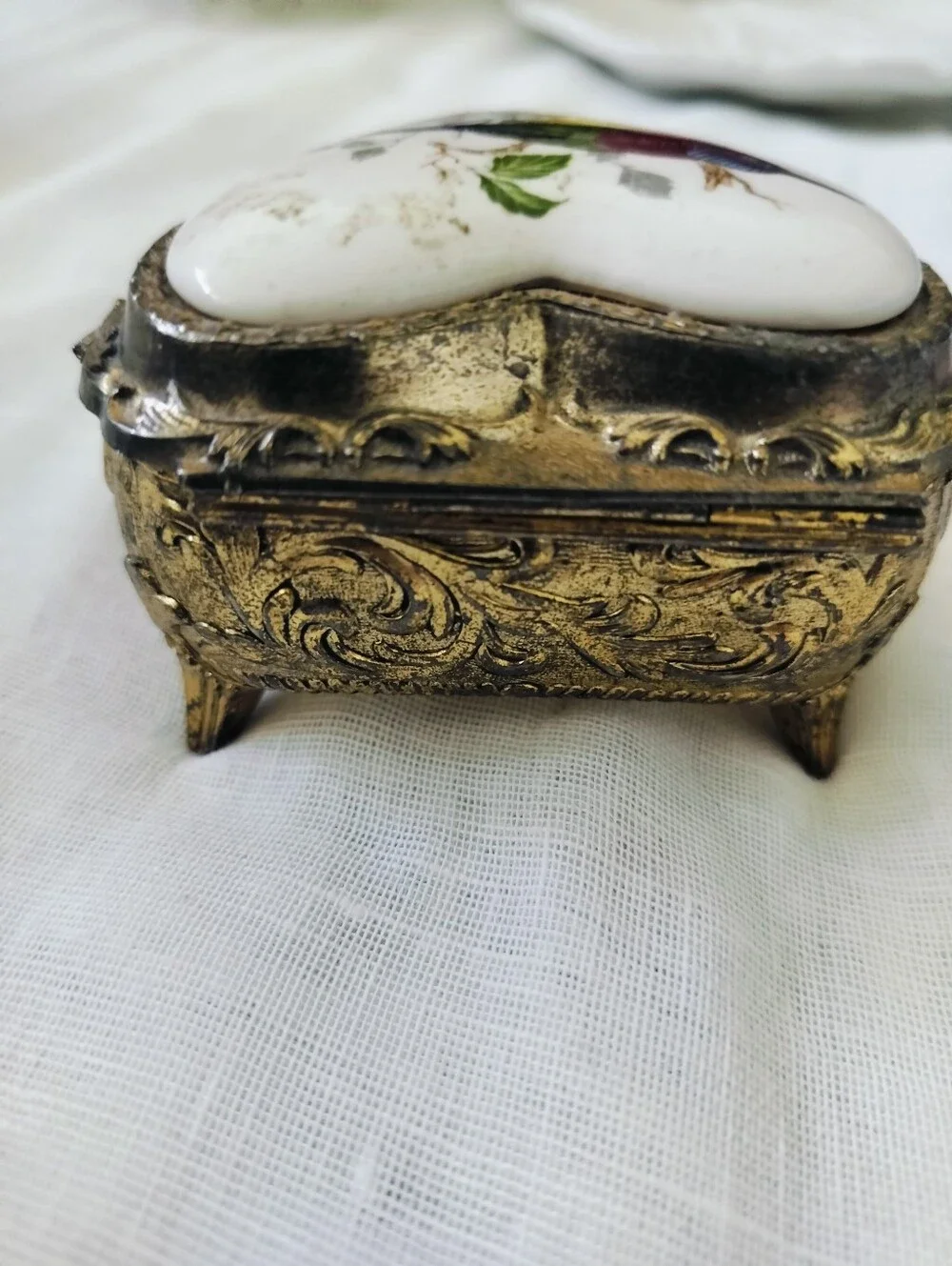 Vintage Heart Shaped Trinket Jewelry Music Box Ornate Metal Bird Japan